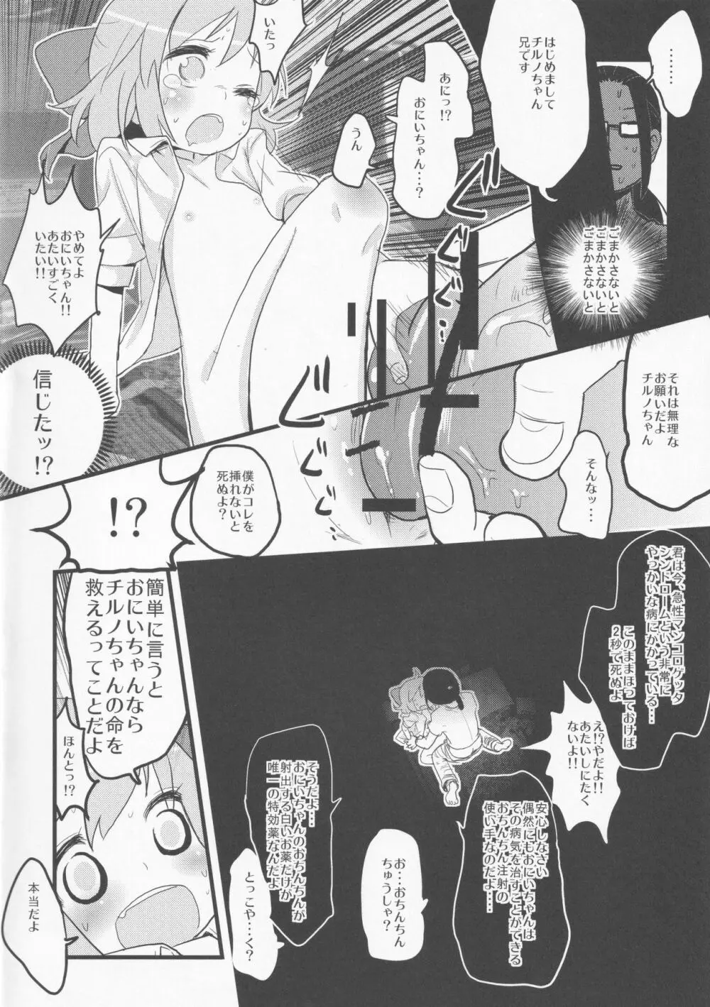 寝ているチルノにいたずらしたり、大妖精をボロクソにしたり、性教育する本。 Page.19